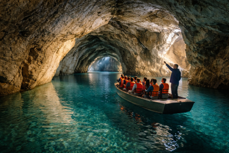 Περιήγηση με βάρκα στα κρυστάλλινα νερά της μεγαλύτερης υπόγειας λίμνης της ευρώπης στο βαλέ.