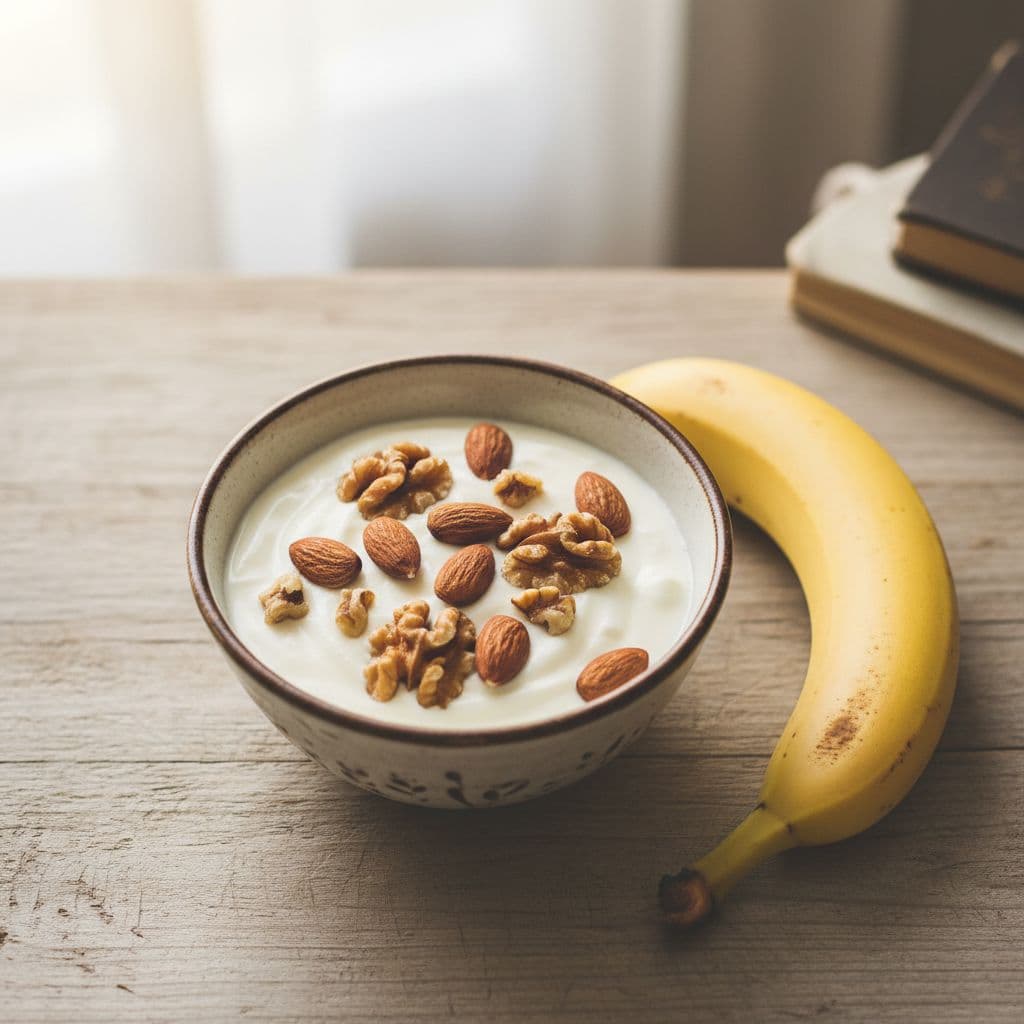 A bowl of Greek yogurt with almonds and walnuts sits next to a ripe banana on a wooden table.