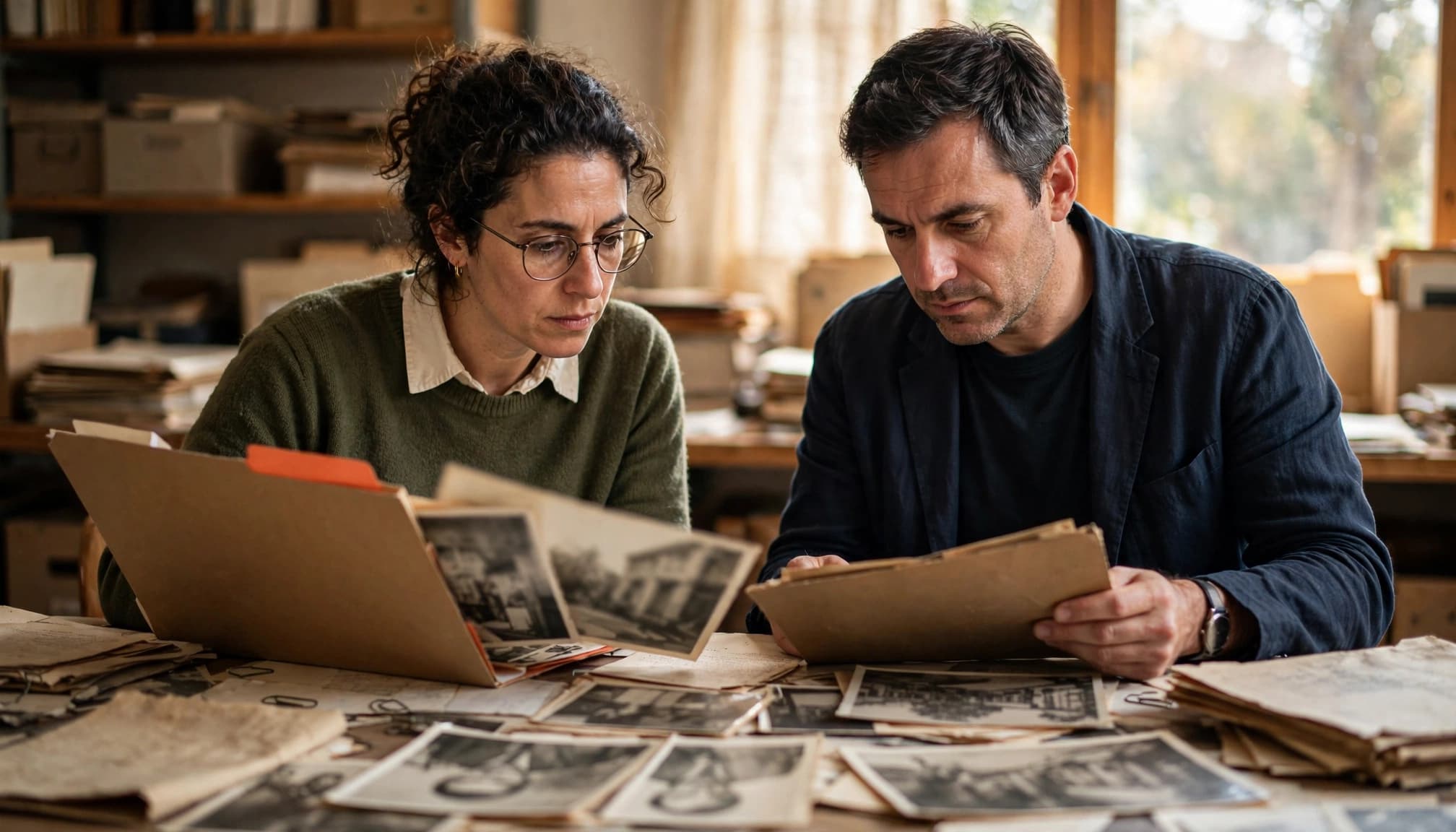 Ερευνητές εξετάζουν αρχεία και παλιές φωτογραφίες αναζητώντας στοιχεία για μια κληρονομιά.