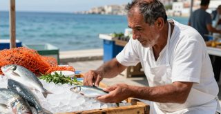 Ψαράς εξετάζει σαρδέλα σε παγοκάλυψη, δίπλα σε τσιπούρα και πορτοκαλί δίχτυ.